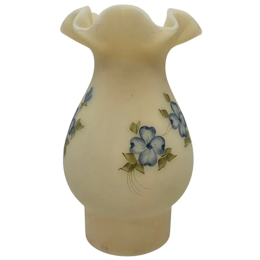 Fenton Glass Signed Globe for Hurricane Lamp Blue Dogwood On Satin Custard
